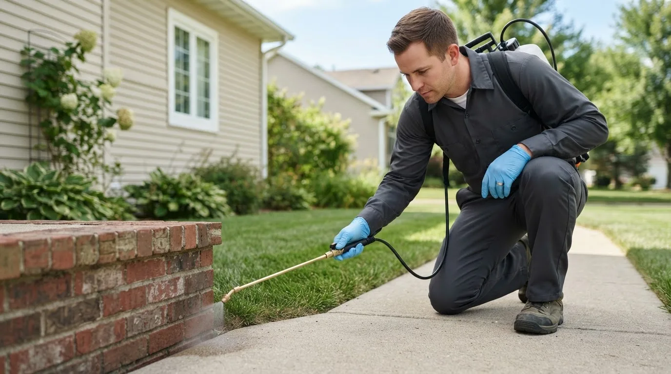 Pest control technician treating a home near Birchdale, MN