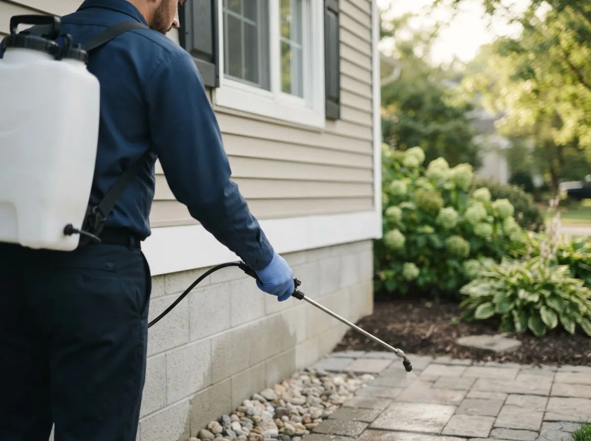 Pest control technician inspecting a home in Birchdale, MN